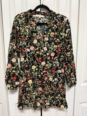 LOFT Black Floral Ruffle-Trim Dress